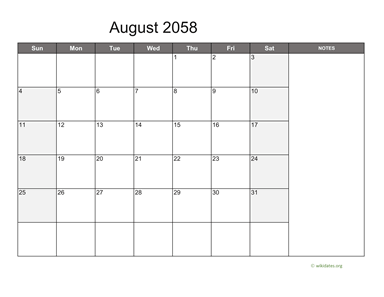 August 2058 Calendar with Notes