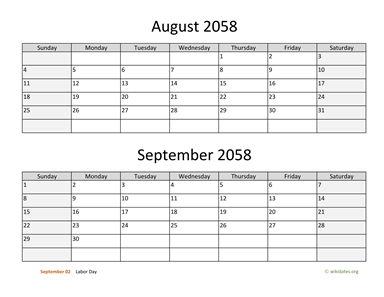 August and September 2058 Calendar Horizontal