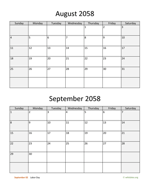 August and September 2058 Calendar Vertical