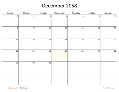 December 2058 Calendar with Bigger boxes