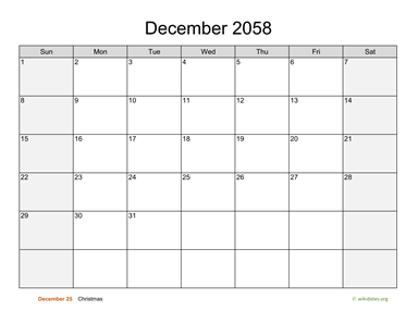 December 2058 Calendar with Weekend Shaded