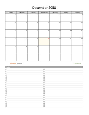 December 2058 Calendar with To-Do List