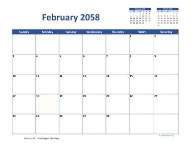 February 2058 Calendar Classic