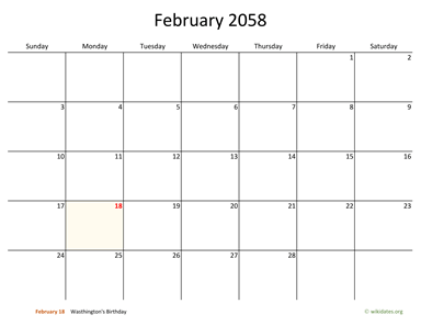 February 2058 Calendar with Bigger boxes