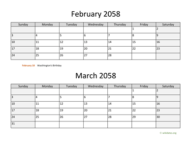 February and March 2058 Calendar Horizontal