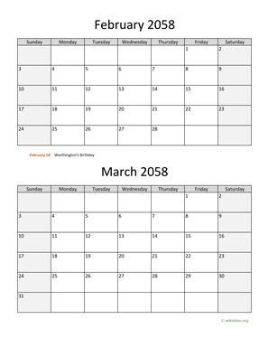 February and March 2058 Calendar Vertical