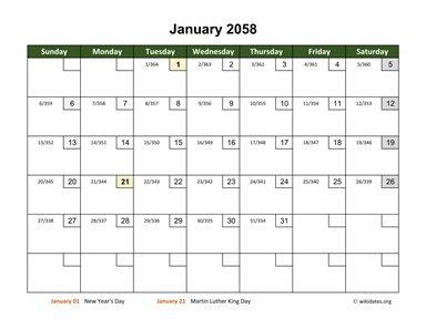 January 2058 Calendar with Day Numbers
