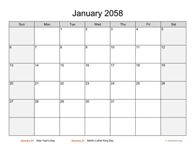 January 2058 Calendar with Weekend Shaded
