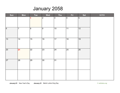 January 2058 Calendar with Notes