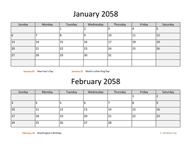 January and February 2058 Calendar Horizontal