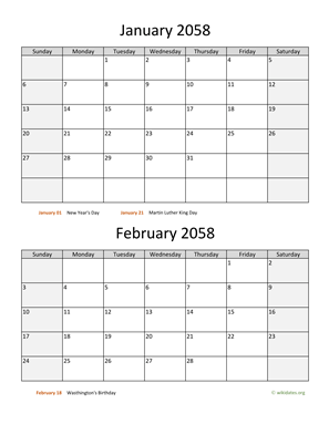 January and February 2058 Calendar Vertical