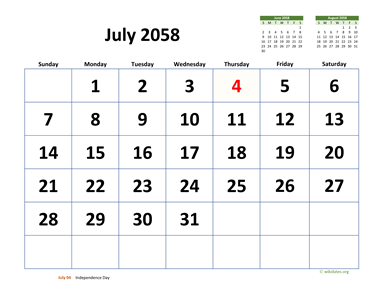 July 2058 Calendar with Extra-large Dates