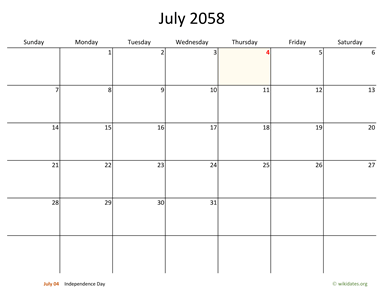 July 2058 Calendar with Bigger boxes