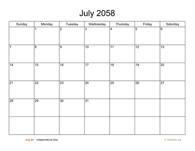 Basic Calendar for July 2058