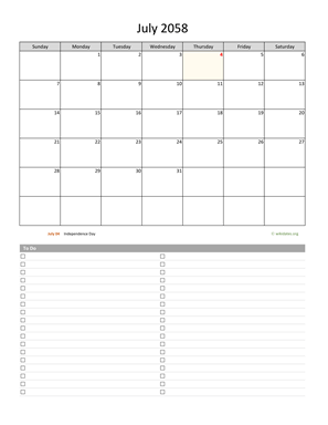 July 2058 Calendar with To-Do List