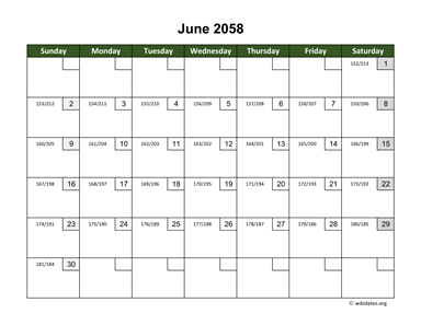 June 2058 Calendar with Day Numbers