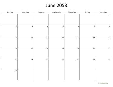 June 2058 Calendar with Bigger boxes