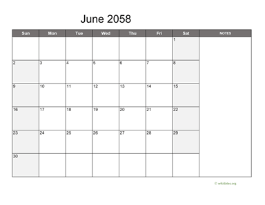 June 2058 Calendar with Notes