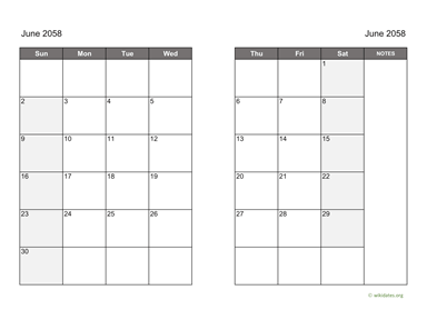 June 2058 Calendar on two pages