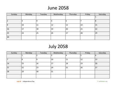 June and July 2058 Calendar Horizontal