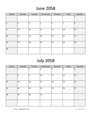 June and July 2058 Calendar Vertical