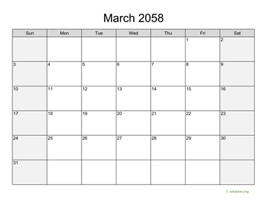 March 2058 Calendar with Weekend Shaded