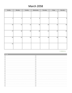 March 2058 Calendar with To-Do List