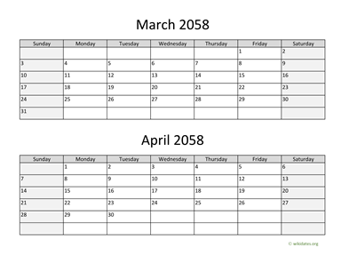 March and April 2058 Calendar Horizontal