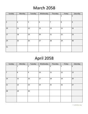 March and April 2058 Calendar Vertical