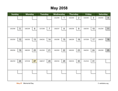 May 2058 Calendar with Day Numbers