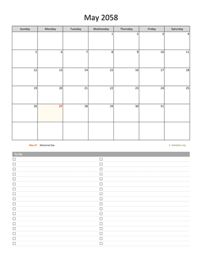 May 2058 Calendar with To-Do List
