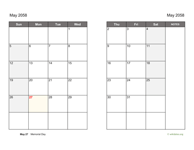 May 2058 Calendar on two pages