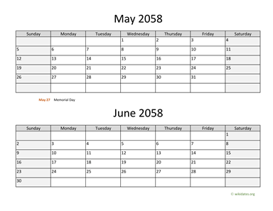 May and June 2058 Calendar Horizontal