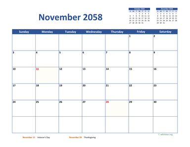 November 2058 Calendar Classic