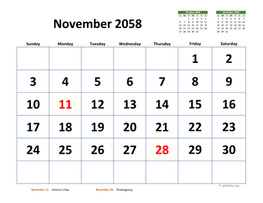 November 2058 Calendar with Extra-large Dates