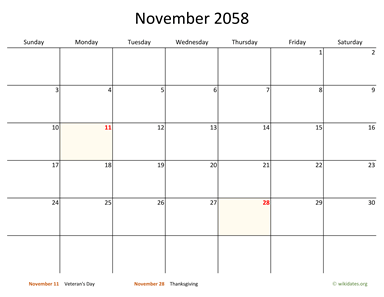 November 2058 Calendar with Bigger boxes