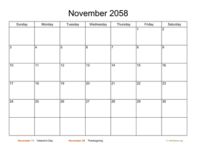 Basic Calendar for November 2058