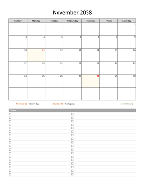 November 2058 Calendar with To-Do List