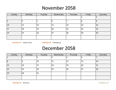 November and December 2058 Calendar Horizontal