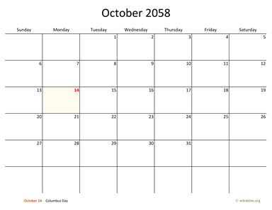 October 2058 Calendar with Bigger boxes