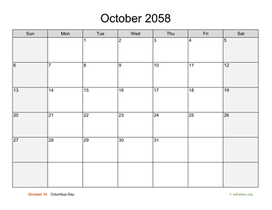 October 2058 Calendar with Weekend Shaded