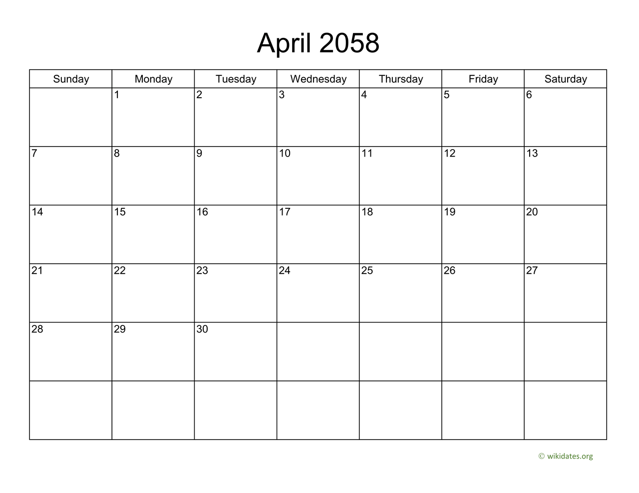 Basic Calendar For April 2058