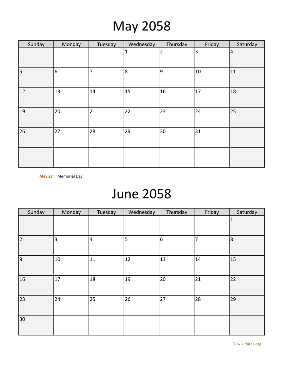 May and June 2058 Calendar | WikiDates.org