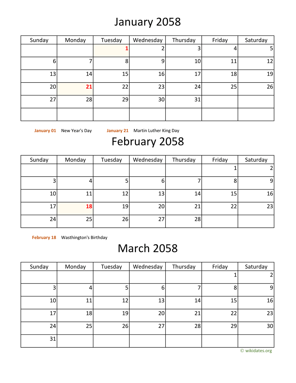 Printable 2058 Calendar WikiDates