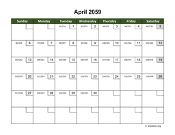 April 2059 Calendar with Day Numbers