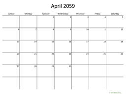 April 2059 Calendar with Bigger boxes