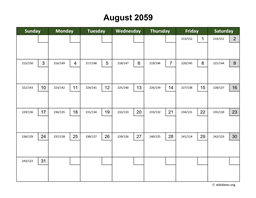 August 2059 Calendar with Day Numbers