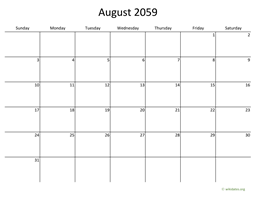 August 2059 Calendar with Bigger boxes