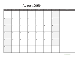 August 2059 Calendar with Notes