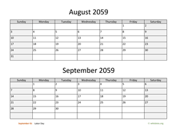August and September 2059 Calendar